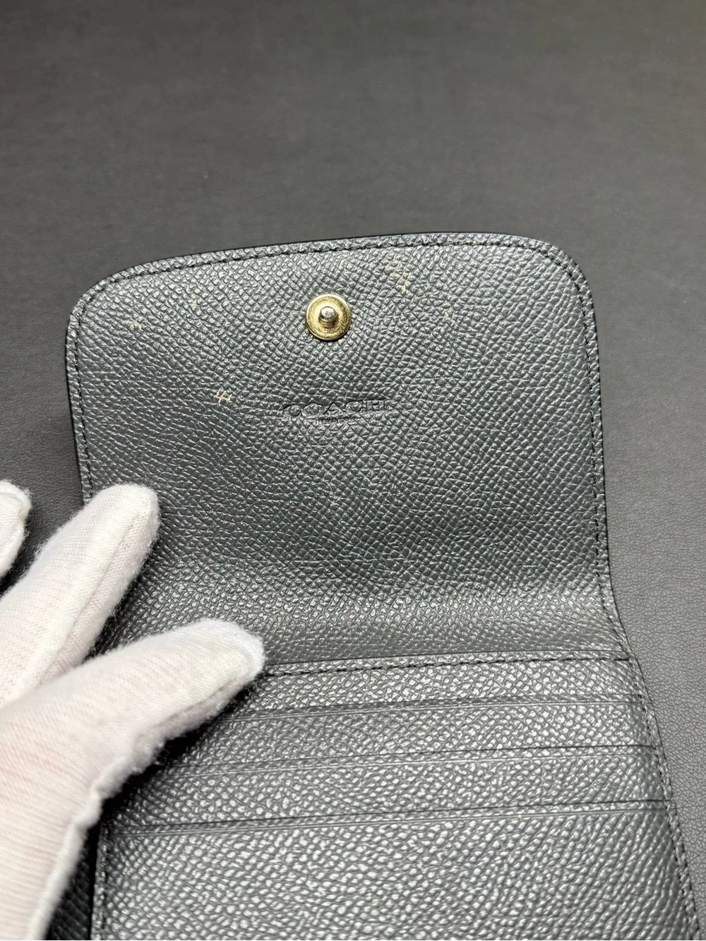 Coach Black Pebbled Leather Compact Wallet with Gold Logo